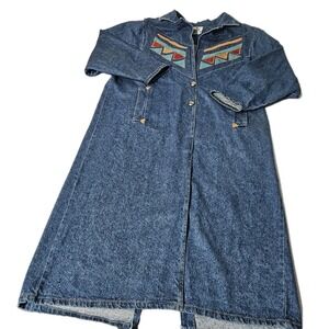 Vintage Pioneer‎ Wear Long Denim Jacket Womens 12 Southwestern Aztec USA Dress